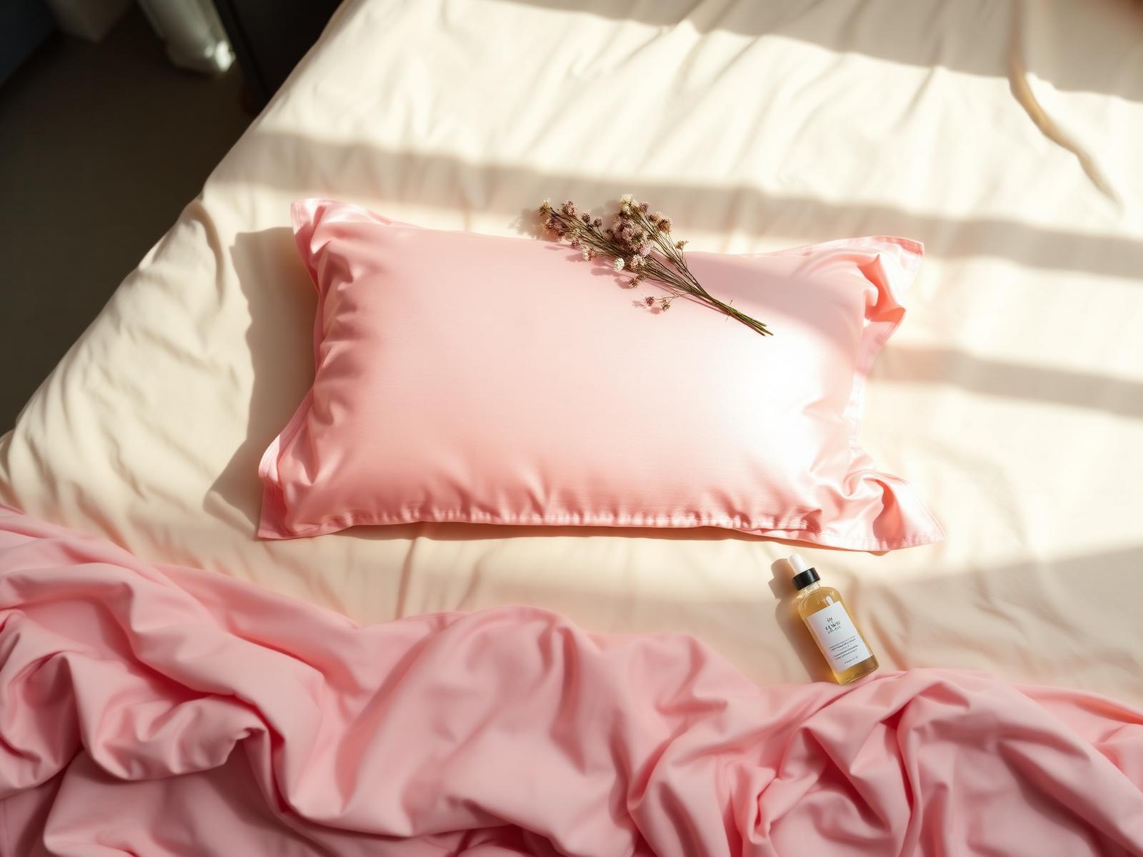 Soft pink satin beauty pillowcase styled on a bed in morning light
