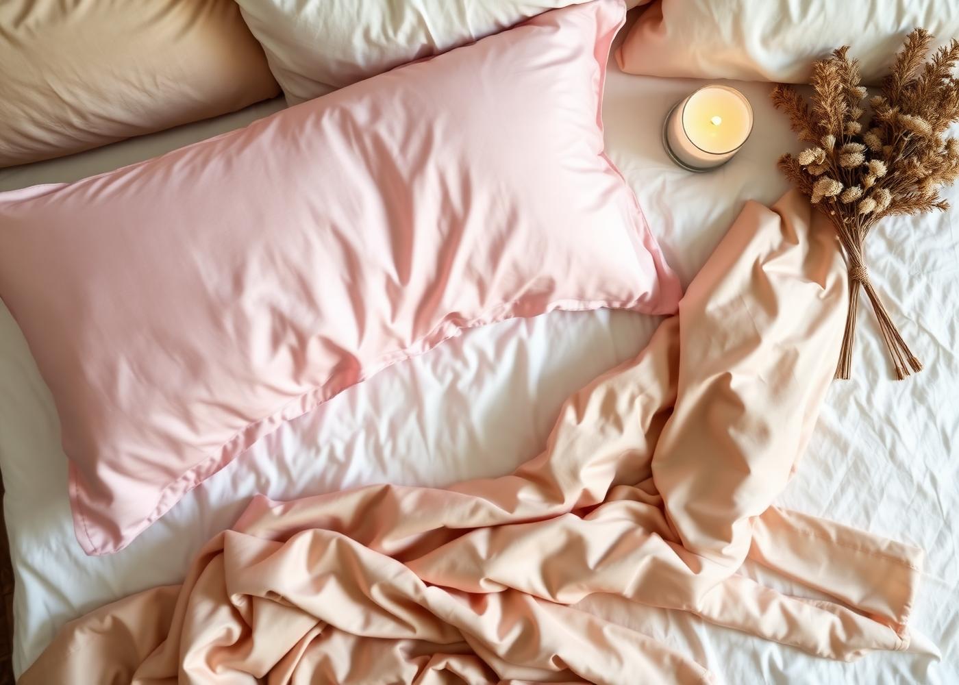 Pink and tan satin pillowcases styled together
